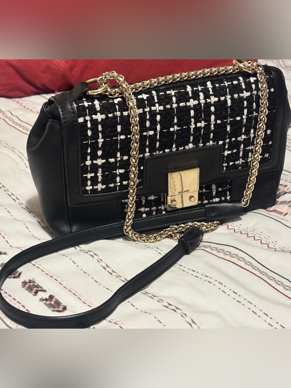 Nine West Black & White Tweed Shoulder Bag with Gold Chain